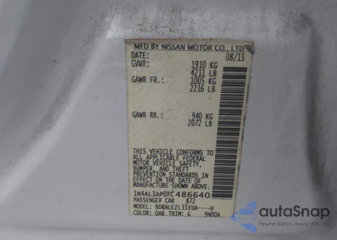 2015 Nissan Altima 2.5 S z USA, uszkodzony, nr VIN 1N4AL3AP0FC486640
